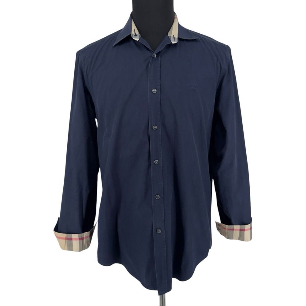 Burberry Brit Navy Blue Long Sleeve Nova Check Collar Cuffs Dress Shirt Men's M